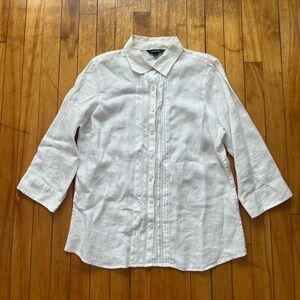Lands’ End White Linen Button Down Pleated Collared Blouse 3/4 Sleeve Women’s M
